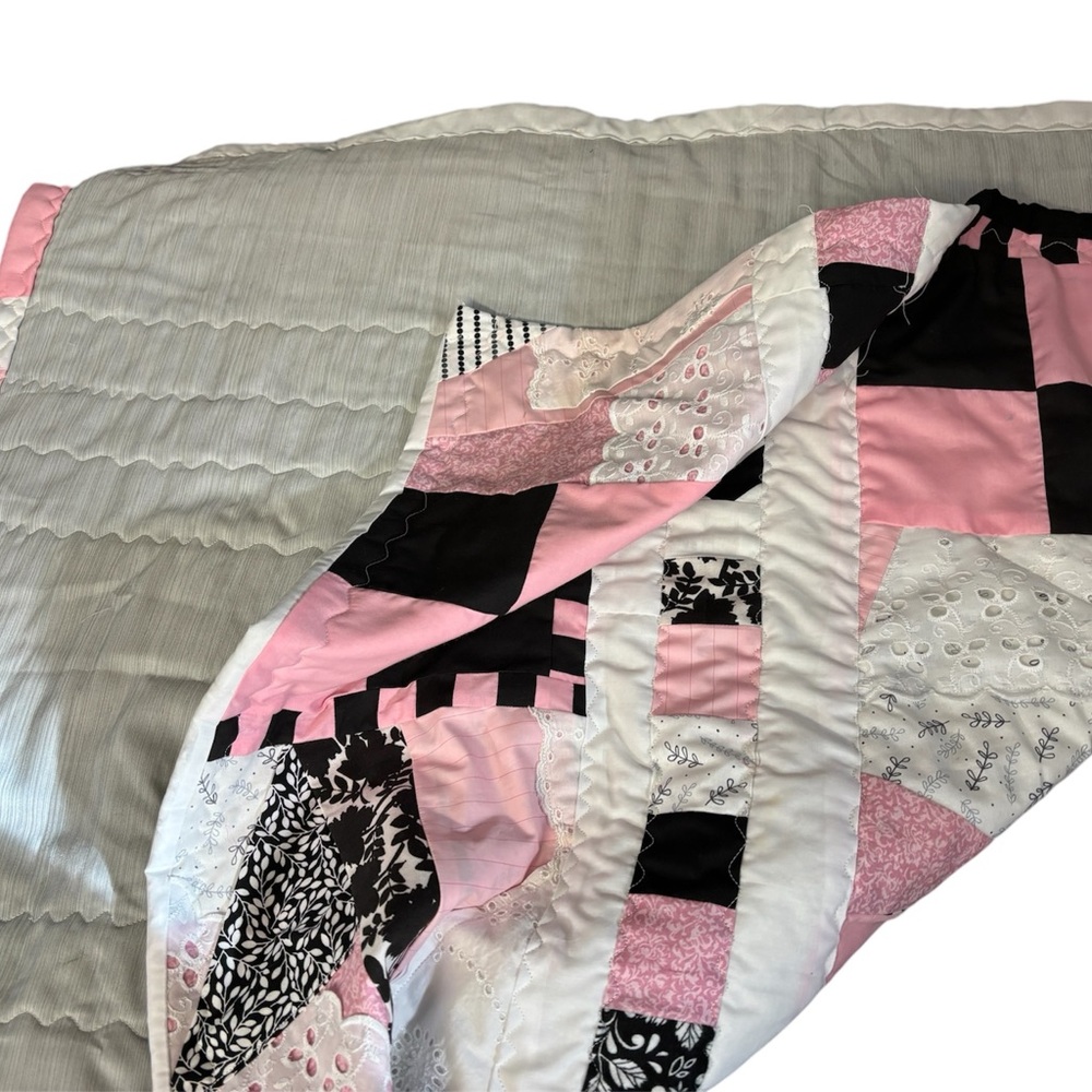 Baby or lap quilt. 36”x39” approx. pink white black and lace - Picture 5 of 14